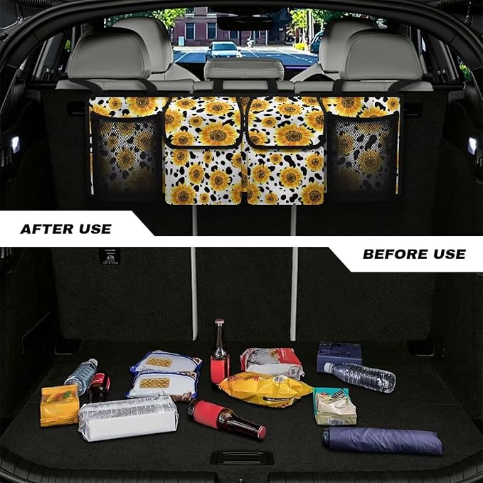 Sunflower Cow Car Trunk Organizer Backseat Cargo Storage Bag with Elastic Net Collapsible Pouch SUV, Truck, MPV Car Accessories