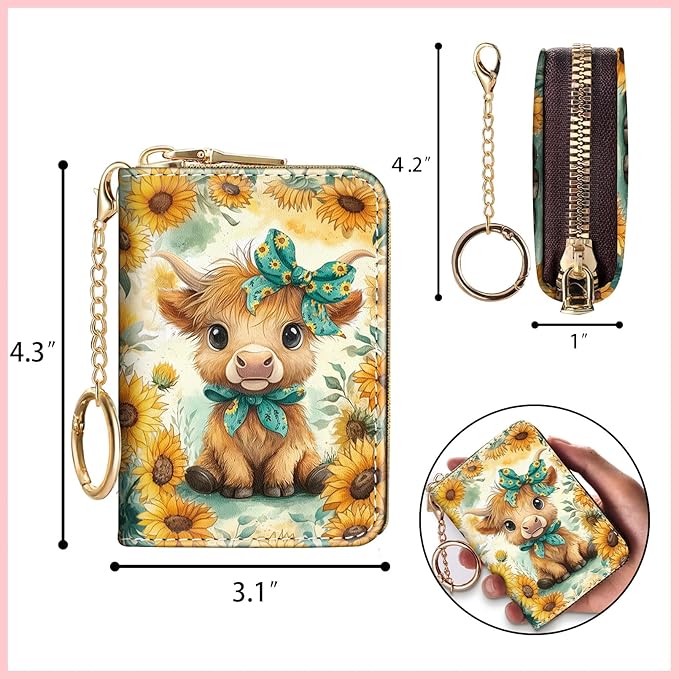 Blusabaca Highland Cow Cattle Modern Artwork Credit Card Holder for Women, Small RFID Blocking Wallet with Zipper, Card Keychain Wallet, PU Leather Wallet Card Case, Accordion Wallet Gift