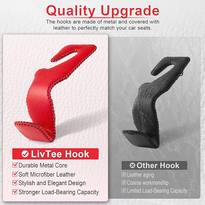 LivTee Red Superior Leather Car Seat Back Headrest Hook, Auto Seat Hook Hangers Interior Accessories for Purse Coats Umbrellas Grocery Bags Handbag, 2-Pack