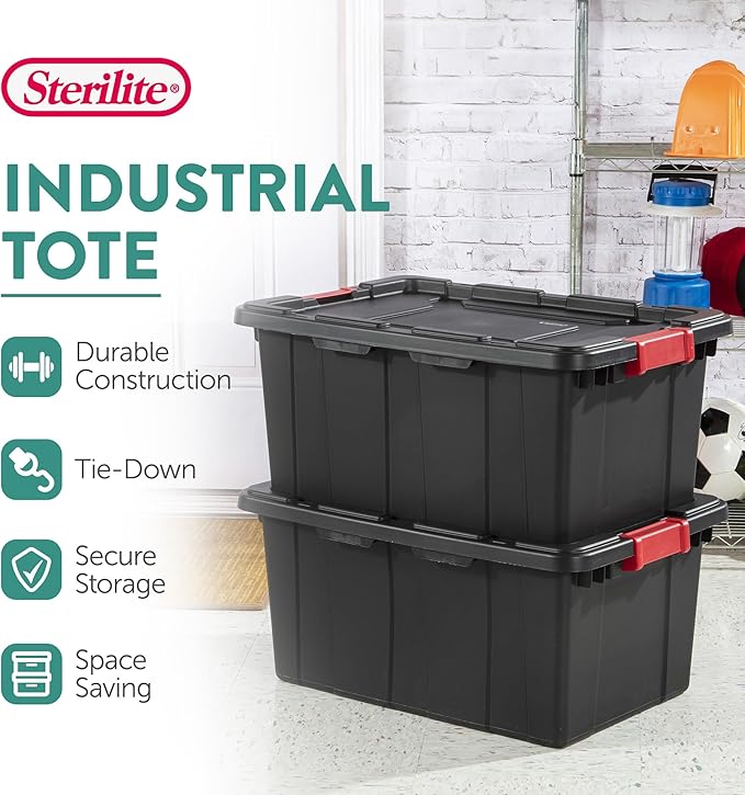 Sterilite 18-Pack Industrial Tote, Plastic Storage Bins with Lids, 15 Gallon, Black - Heavy-Duty Organizing Containers for Closet, Bathroom, and Office