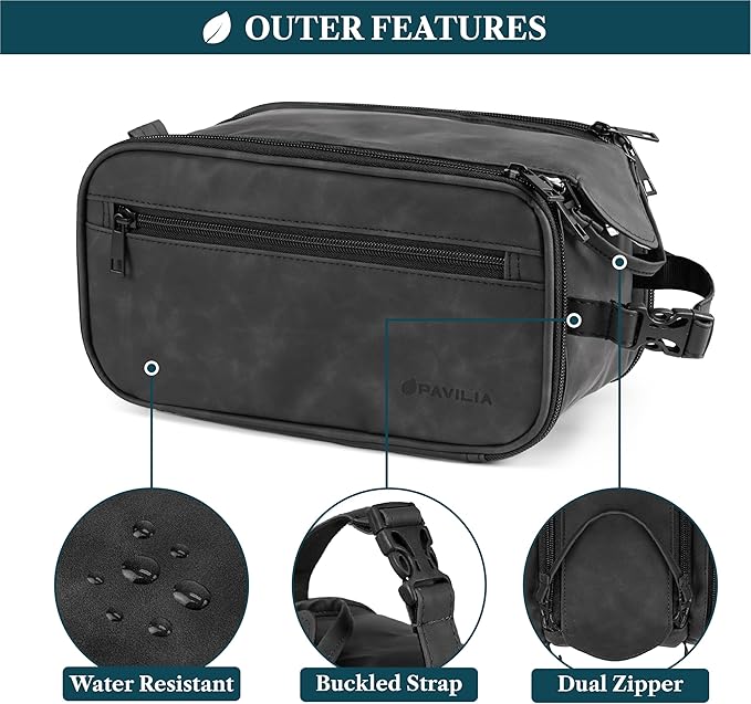 PAVILIA Toiletry Bag for Men, Hanging Travel Dopp Kit Organizer, PU Leather Water Resistant Bathroom Bag for Shaving Grooming, Large Capacity Cosmetic Bag Travel Essentials, Black