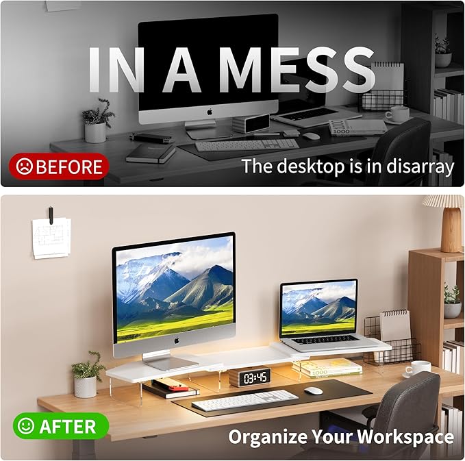 AFOOYO LED Dual Monitor Stand Riser for 2 Monitors,Office Desktop Wooden Stand Adjustable Length and Angle 3 Shelf,Extra Long Multifunctional Stand up to 44.4" for Computer,Laptop,TV,White
