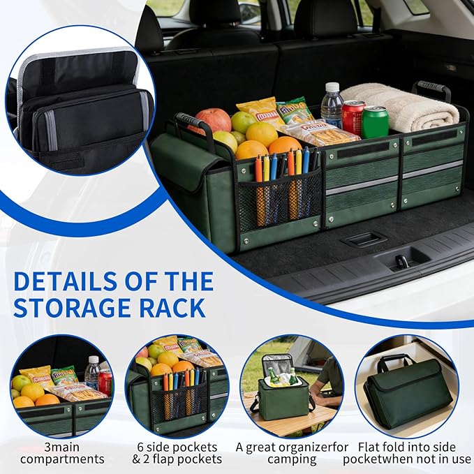 Collapsible Trunk Organizer for Car with Insulated Leakproof Cooler Bag, 3 Compartments SUV Cargo Organizer w/Removable Dividers, 5-in-1 Storage w/Foldable Lid & 2 Tie-Down Straps (Green)
