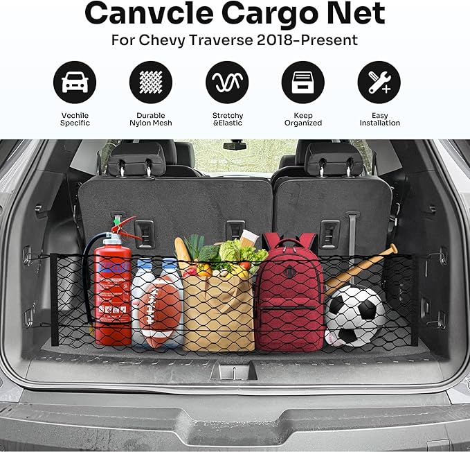 Canvcle Trunk Cargo Net for 2018-2025 2026 Chevrolet/Chevy Traverse Accessories Envelope Style Mesh Trunk Net Organizer and Storage Stretchable Adjustable Elastic Nylon Rear Cargo Netting with Hooks