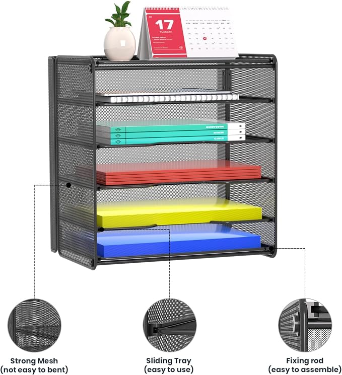 Samstar 2 Pack Paper Letter Tray, Mesh Desk File Organizer with 5 Tier Shelf and Sorter, Black
