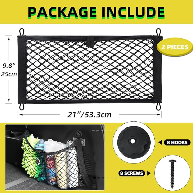 Small Cargo Net for Car Trunk Storage,2 Pack Elastic Mesh Net Pocket Organizer Pouch Bag,Stretchable Automotive Cargo Nets with 8 Pieces Mounting Screws and Hooks for RV,SUV,Boats,Home