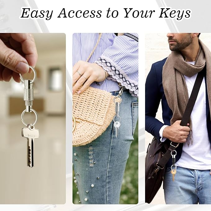 Quick Release Keychain for Men 2 Pack Detachable Key Ring with Secure Lock 360° Swivel,Pull Apart Keychain Includes 2 Split Rings,Aluminum Alloy Car Key Holder for Purse,Bag,Belt Loop (Black,Silver)