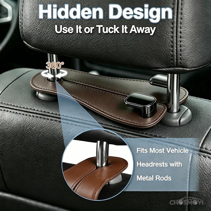 CHOSMOYI Leather Car Headrest Hooks for Purses & Bags, 2 Pack Heavy Duty Seat Back Organizer, Double Car Hooks for Groceries & Handbags, Universal Interior Accessories (Brown)