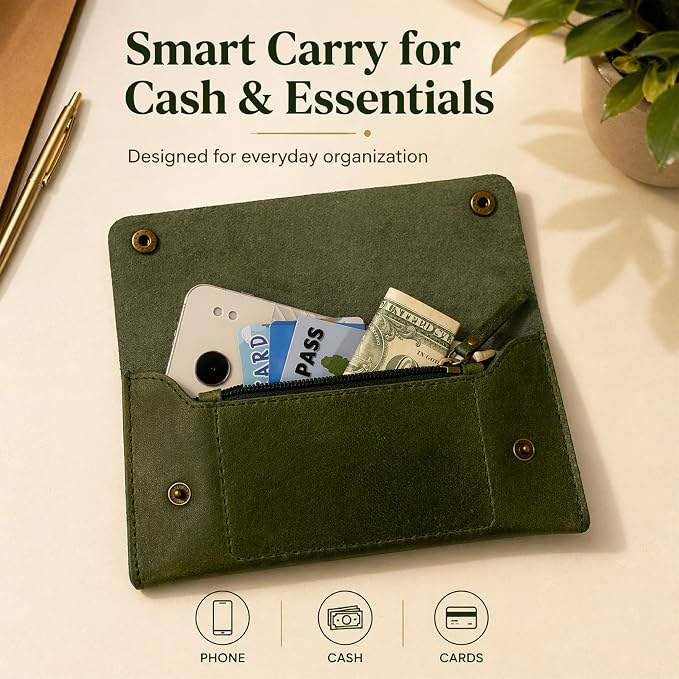 Leather Currency Pouch - Handmade Cash Organizer with Double Button Closure & Zipper Pocket, Compact Money Holder for Travel & Everyday Use, 4 x 8 Inch (Green)
