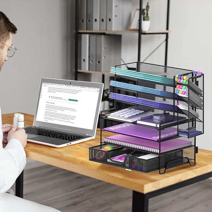 4 Tier Desk Organizer + 3 Tier File Holder + 4 Pen Holders + Drawer, 7 Tier Desk File Organizers, Desk Organizers and Accessories for Office Home School, Black