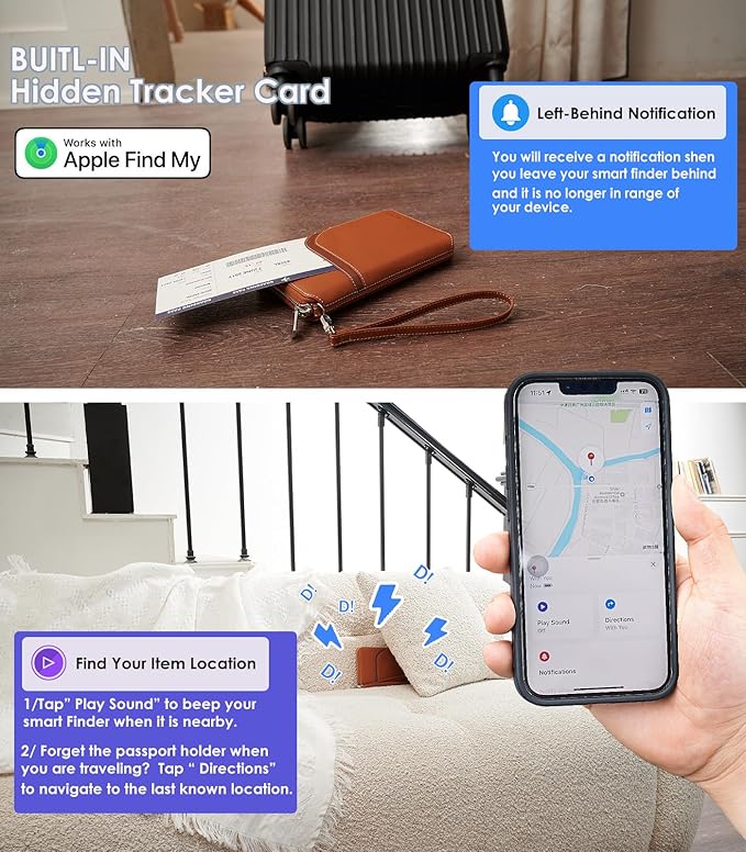 Nova RFID Blocking Passport Holder w/Hidden AirTag Trackable Card, Women Passport Wallet For Travel, Large Organzier For 2 Passports,Cash w/zipper & Wrist Lanyard