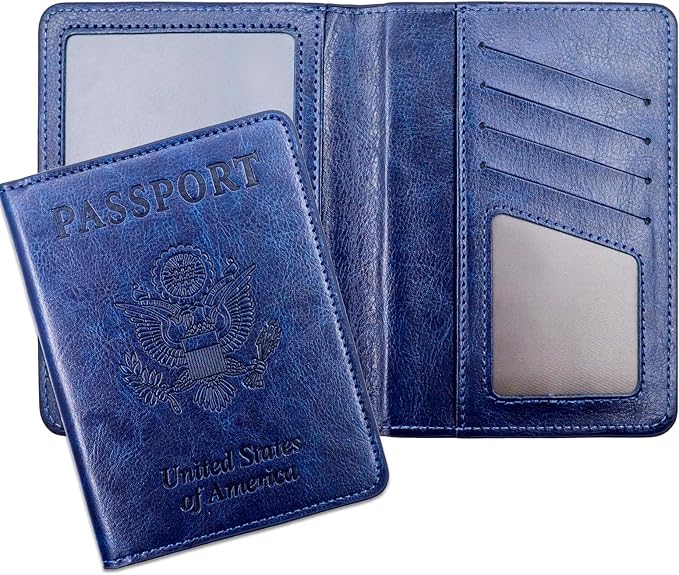 Passport Holder for Travel Essentials RFID Blocking Wallet Card Case PU Leather Passport Cover Women and Men (Navy)