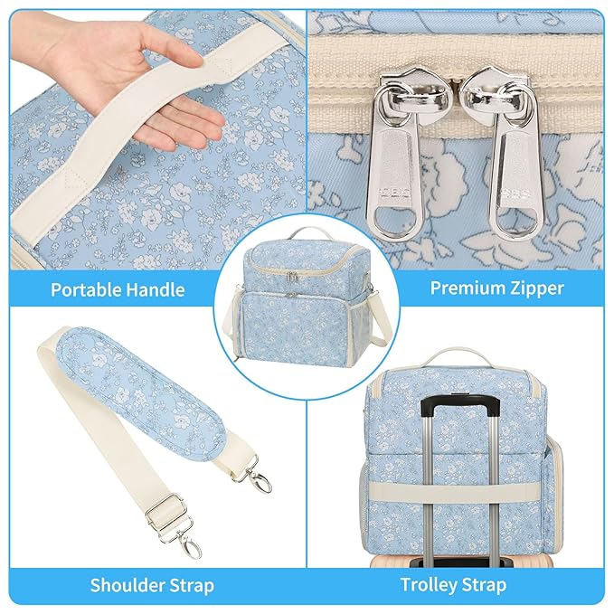 CUBETASTIC Extra Large Nail Polish Organizer Case Holds 86 to 100+ Bottles Nail Polish & Nail Lamp, Nail Supplies Storage Carrying Bag with 2 Removable Pouches, White Floral in Blue
