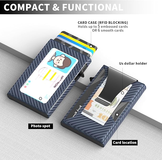 Wallet for Men Slim Minimalist Pop-up Smart Holds 5-6 Cards - RFID Blocking Metal with Money Clip, Credit Card Holder & ID Window,Business Card Cases, men accessories (Carbon Blue)