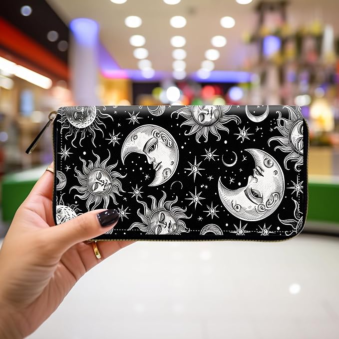 Wallet,Leather Long Wallet Suitable For Ladies And Teenagers - Detachable Wristband + RFID Travel Wallet With Card Slot - Vintage Sun Moon Stars
