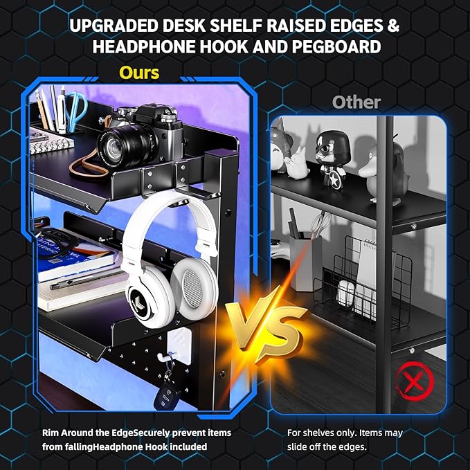 2-Tier Metal Clamp On Desk Shelf, Adjustable 16 inch Desk Storage Shelves with Pegboard and Pencil Holder,Above or Under Heavy Duty Desktop Organizer with Headphone Holder for Desk Accessories (Black)
