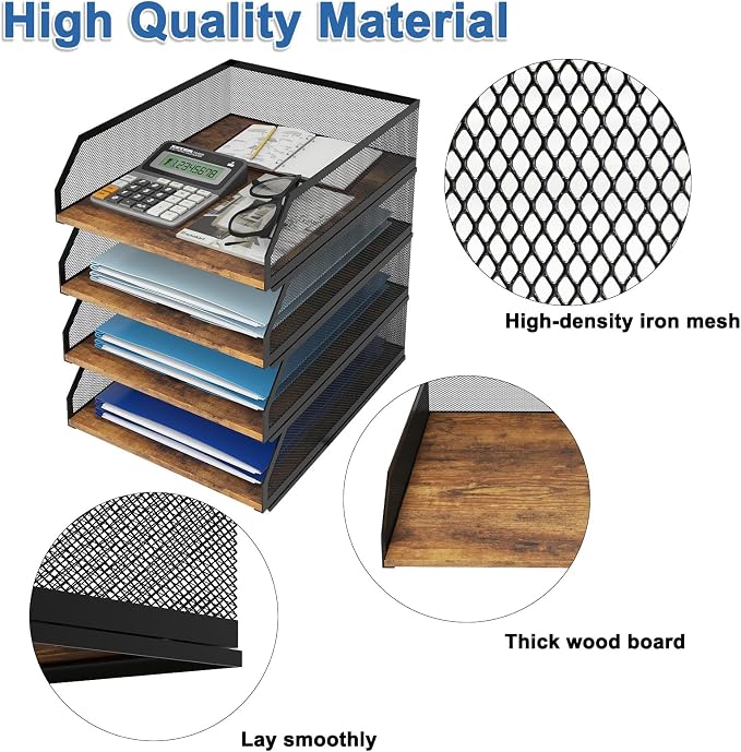 Natwind 4-Tier Stackable Metal Mesh Paper Organizer with Sliding Tray,Retro | Wooden Desk Organizer, Letter Tray For Desktop,File Holder For Home Office School Classroom Organization
