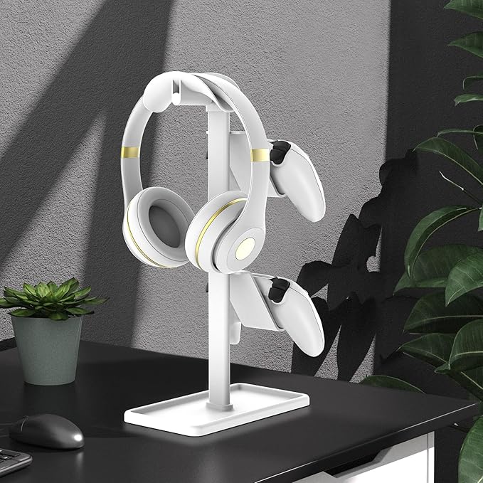 Controller Holder, Headphone Stand, Gaming Controller Stand for Xbox PS5 PS4 Switch, Headset Holder with Storage Organizer, Universal Desk Game Accessories (White)