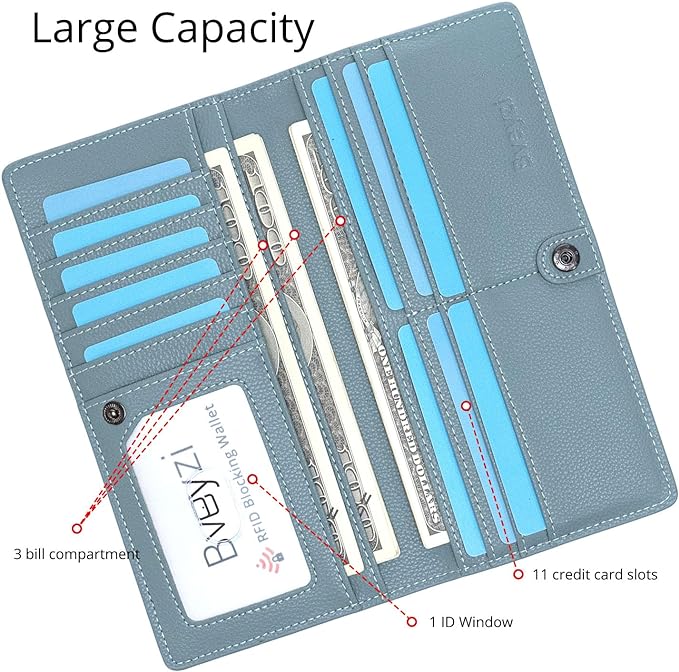 Bveyzi Ultra Slim Thin Leather RFID Blocking Credit Card Holder Bifold Clutch Wallets for Women