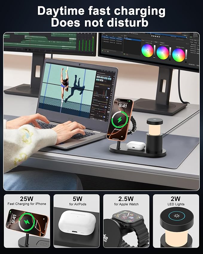 MagSafe Charger Compatible, 4-in-1 Charging Station, Qi2.2 25W Certified with LED Night Light/Magnetic Wireless Charger for iPhone 17/16/15,Apple Watch,AirPods,Pixel 10(45W Adapter Included)