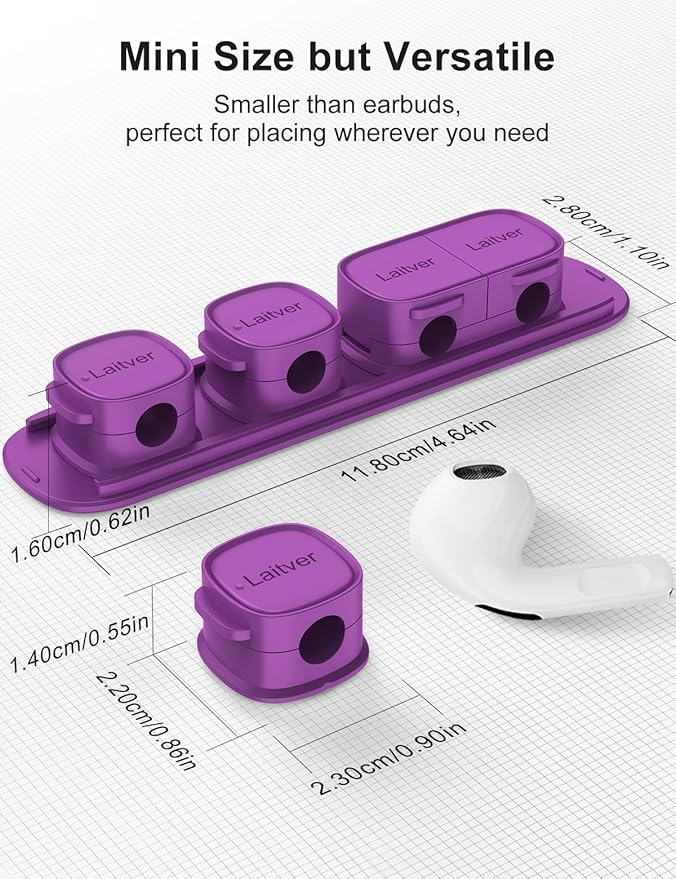 6 Pack Magnetic Cable Clips [1s Open/Lock], Laitver Cord Organizer Holder Strong Adhesive Desk Cable Management- Organize Charging Cords Neatly for Home, Office, Car,Desk, Nightstand-Deep Purple
