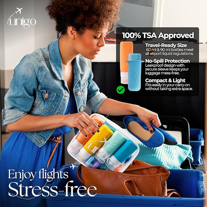 unigo Silicone Travel Bottles Set for Toiletries, Airplane Approved TSA Carry On Size, BPA Free Leakproof Refillable Squeeze Containers with Labels, Cleaning Brush and Covers (Multicolor B)