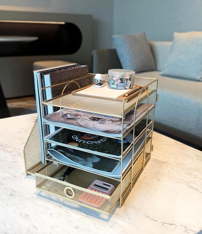 5-Tier Paper Letter Organizer with File Holder, Desk Organizer with Drawer, Mesh Desktop Storage with Magazine Holder for Office Supplies (Golden)