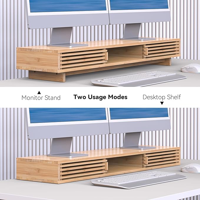 Dual Monitor Stand Riser with Sliding Door, Double Computer Laptop Stand Desk Shelf Organizer with Storage for 2 Monitors (Natural Bamboo, 38 Inch)