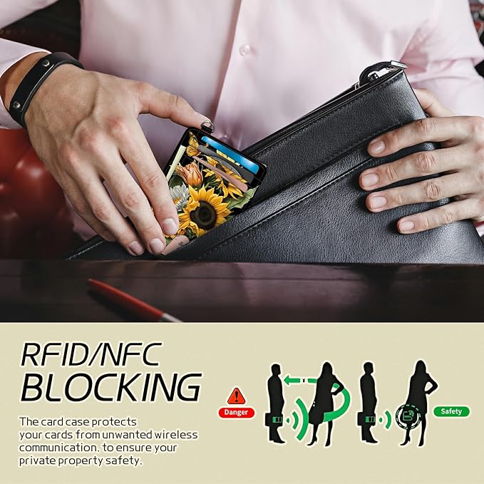 Small Travel Wallets, Sunflowers Butterfly Slim Minimalist Front Pocket Wallet with Wristlet, RFID Blocking PU Leather Credit Card Holder with ID Window Change Purse for Men Women