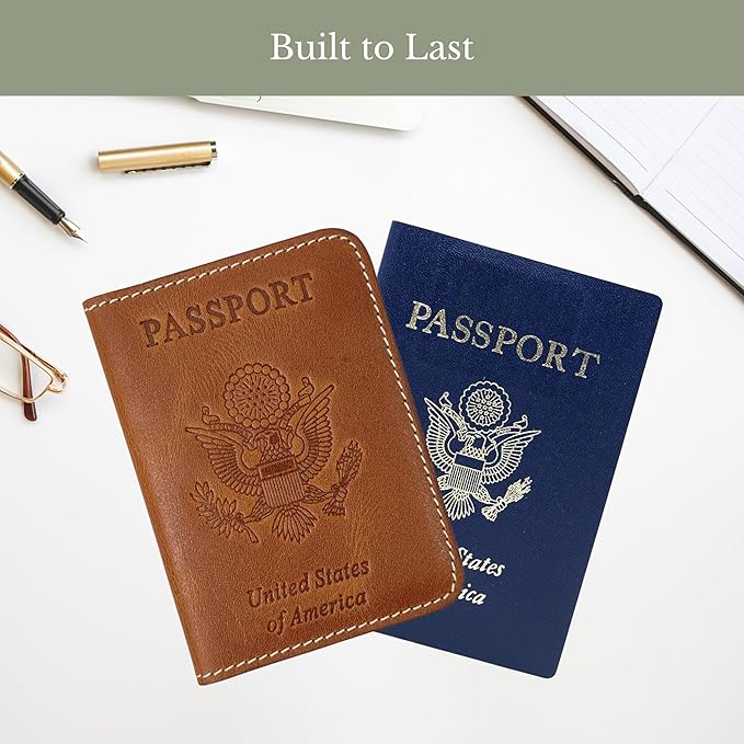 Passport Holder for Travel | Premium Leather Passport Cover & Protector | Stylish Travel Document Organizer with Embossed US Seal | Unisex Case with Slots for Cards & Boarding Passes - Brown