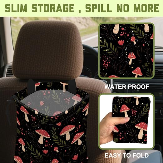 Car Gabage Bag Red Mushroom and Leaves Waterproof Car Trash Bag Hanging Leakproof Car Garbage Bag Washable Reusable Trash Bag For Car Interior Hanging Organizer Storage Vehicle Travelling Camping