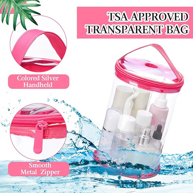 Sanwuta Clear Lotion Bag for Toiletry Sunscreen Cylinder Makeup Bag Heavy Duty Travel Organizer Pouch Waterproof Cosmetic Pouch with Handle Zipper Gift for Summer Beach Pool Airport Women(Hot Pink)
