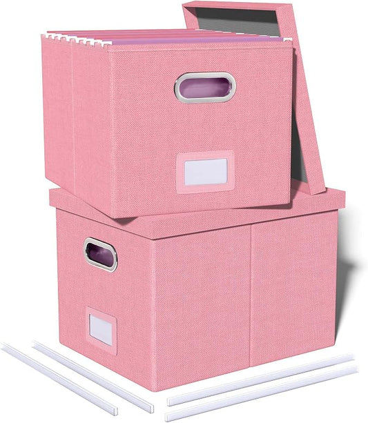 Oterri 2 Pack File Storage Organizer, Filing Box, Portable File Box with Lid, Fit for Letter/Legal File Folder Storage, document organizer, New-pink