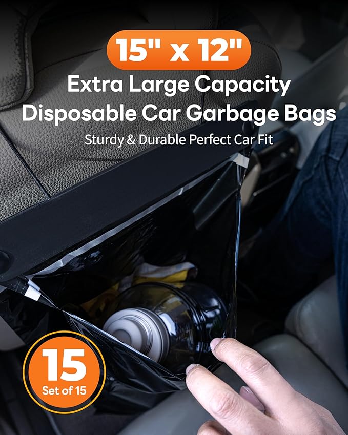 Disposable Car Trash Bags Hanging (Set of 15, Black) - Large 15 x 12Inches, Recycled Car Garbage Bags with Leak-proof & Smell-proof, Multipurpose Automobile Trash Container Perfect Car Fit