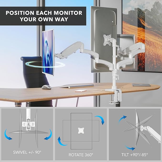 Mount-It! Triple Monitor Mount, 3 Monitor Desk Mount, Gas Spring Arms, Fits 13??7" Screens, VESA 75 & 100, Clamp or Grommet, USB-A & USB-C, White