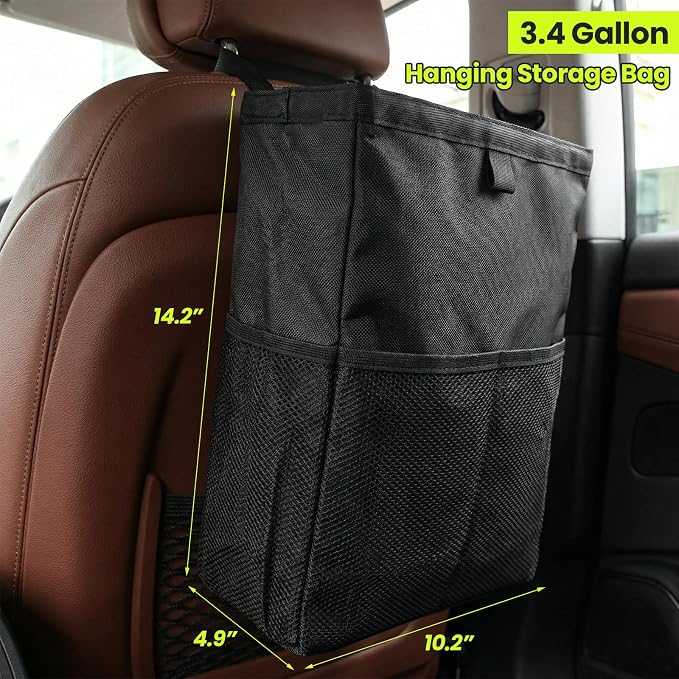 Car Trash Bag, Large Capacity Hanging Auto Trash Can Collapsible Portable Organizer with Storage Pocket, Waterproof Leakproof Oxford Cloth Garbage Bag for Cars Trucks SUVs