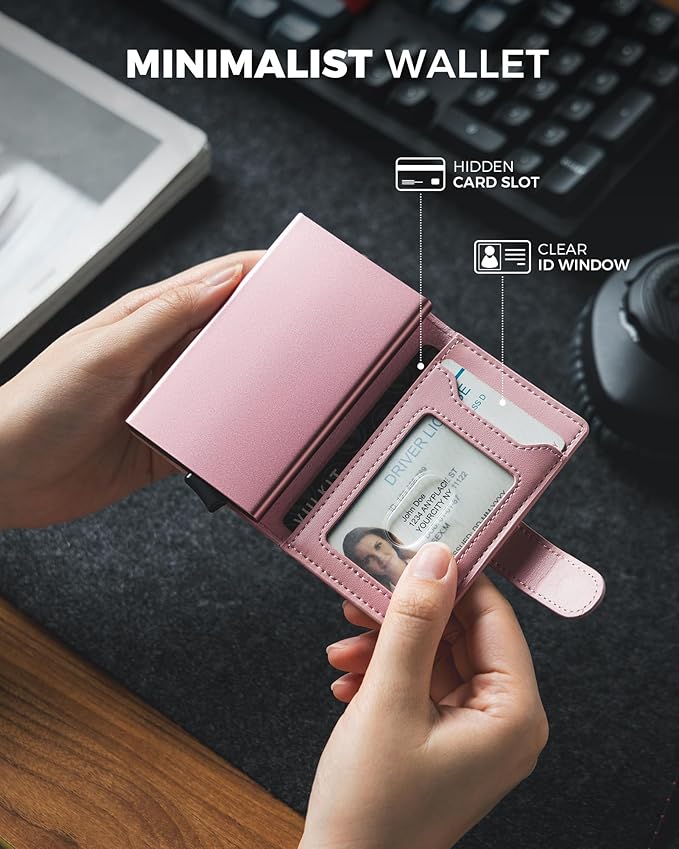 VULKIT Slim Bifold Pop up Wallet Minimalist Leather Card Holder RFID Blocking Metal Card Case with ID Window for Women | with Leather Slots, RFID Blocking, Slim, Metal Card Case
