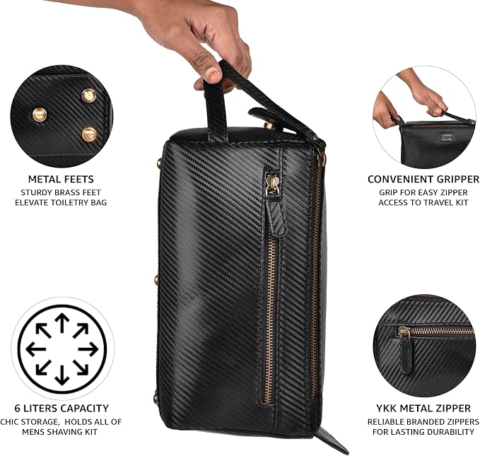 LEATHER VILLAGE Genuine Carbon Fiber Genuine Leather Travel Toiletry Bag - Large Dopp Kit, Water-Resistance Bathroom & Shaving Organizer for Men & Women - Black