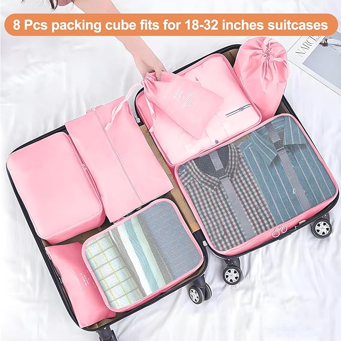 8 Set Packing Cubes for Suitcase, Packing Cubes for Carry on Suitcases, Luggage Organizer for Travel Essentials, Large Mesh Luggage Bag for Suitcases
