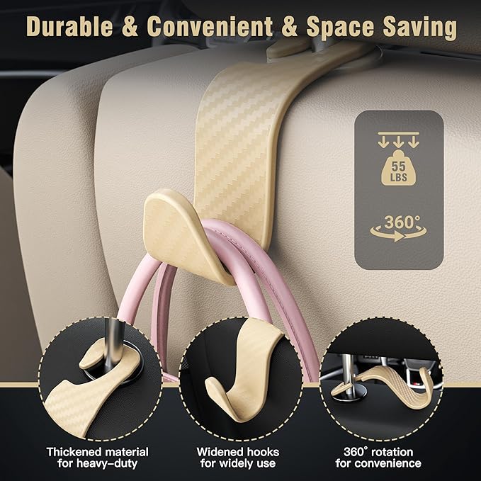 Amooca 4-Pack Car Headrest Hooks Vehicle Storage Organizer for Purses Handbags Groceries Coats – Heavy Duty 360° Rotating Simple Design Checkered Beige