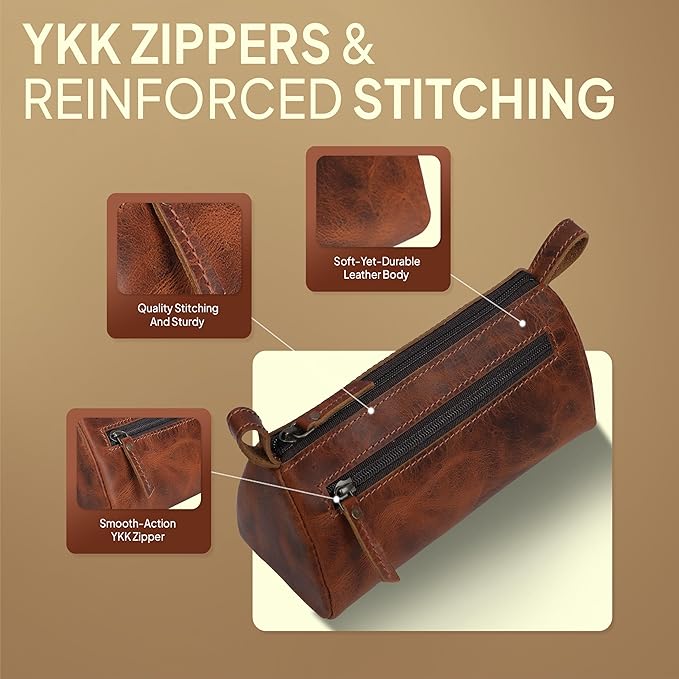 Leather Makeup Bag for Women – Genuine Leather Cosmetic Bag Travel, Handmade Zippered Makeup Pouch, Small Toiletry Bag, Shaving Kit & Stationery Organizer- Tan