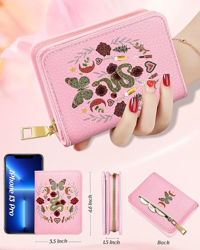 Bistup Credit Card Holder Wallet for Women Cute Leather Ladies Teen Girls Female Cardholder Wallets Accordion Purse Small Medium Aesthetic Merch Print Butterfly Moon Unique Modern Rfid Zipper Around