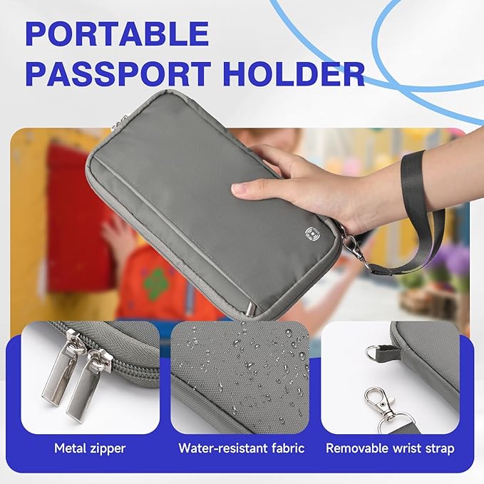 WALNEW Passport Holder Travel Family for 10, RFID-Blocking Wallet and Document Organizer Passports with Zipper, for Cards, Boarding Passes, Money, Tickets, Travel Essentials, Gray