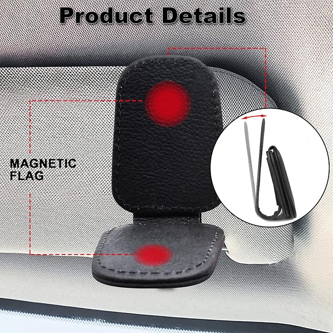 2 Pack Leather Car Visor Sunglass Holder, Magnetic Leather Glasses Eyeglass Hanger Clip for Car, Sunglass Clip Glasses Holder for Car Visor（Black）