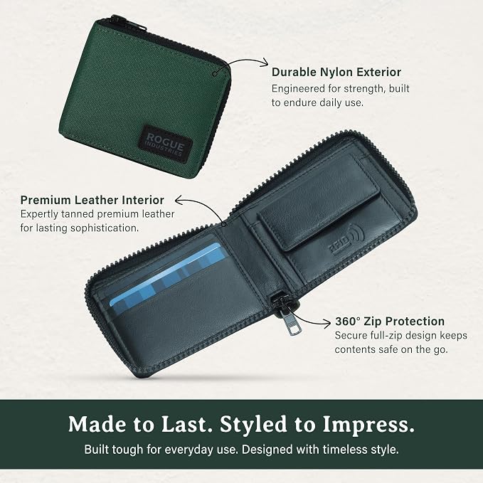 ROGUE WALLET Interior Genuine Leather Wallets for Men - RFID Blocking Robust Outer Nylon Wallets - Full Cash Slot and Expandable Coin Pouch - Gift for Men (Green)