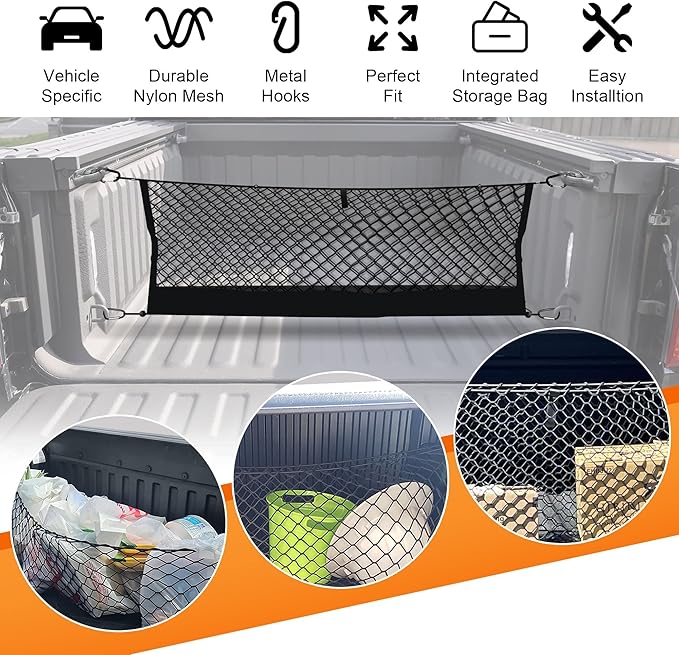 Truck Bed Cargo Net for Dodge Ram 1500 2019-2024 2025, Envelope Style Pickup Cargo Net with Storage Bag, Heavy Duty Elastic Mesh Organizer with Carabiners, Secures Groceries & Gear