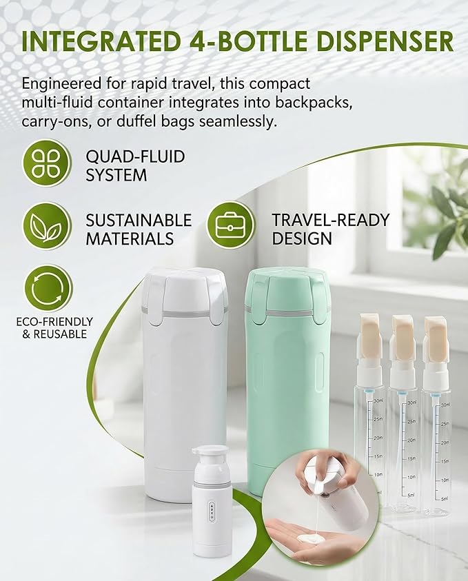 4 in 1 Travel Dispenser Bottle Set, Leakproof TSA Travel Size Containers for Toiletries, Portable Refillable Bottles, Hard Shell Rotating Design with Scale and Labels