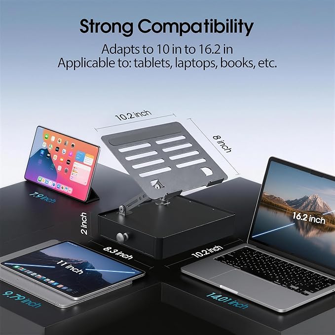 Laptop Stand with Storage Drawer, Adjustable Ergonomic Laptop Riser for Desk, Heavy-Duty Metal Stand for 10??6??Laptops, Space-Saving Desk Organizer for Remote Work & Home Office, Gray