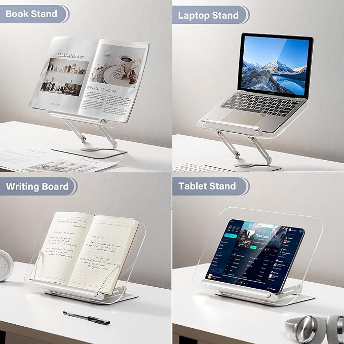BYMECOST Acrylic Book Stand for Reading, Adjustable Book Holder with 360° Rotating Base & Elastic Page Clips, Foldable Desktop Riser Stand for Cookbook,Laptop,Tablet,Music Scores,Recipe,Textbook