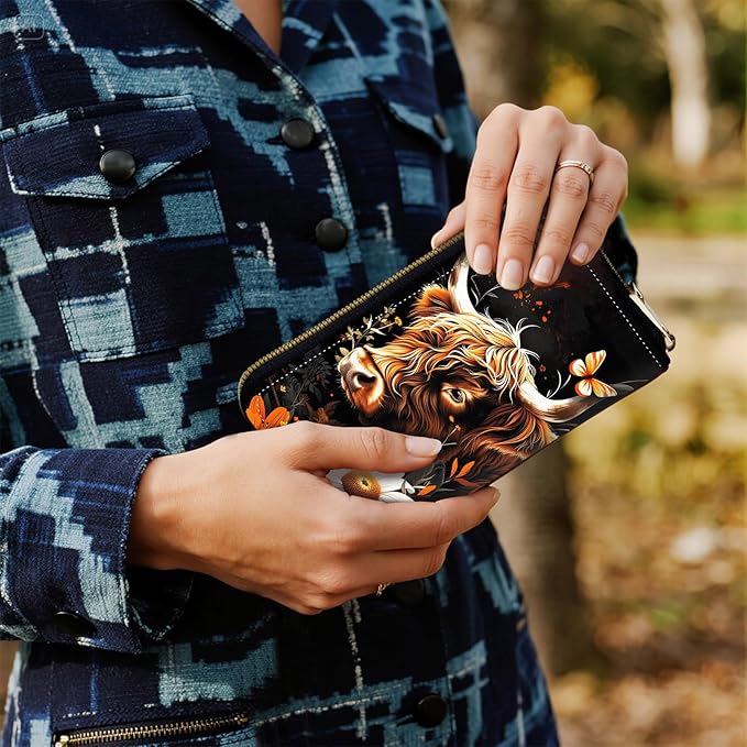 Women's RFID Blocking Zip Around Wallet with Detachable Wrist Strap, Large Capacity Credit Card Holder Organizer for Everyday Use,Highland Cow Flowers Butterfly